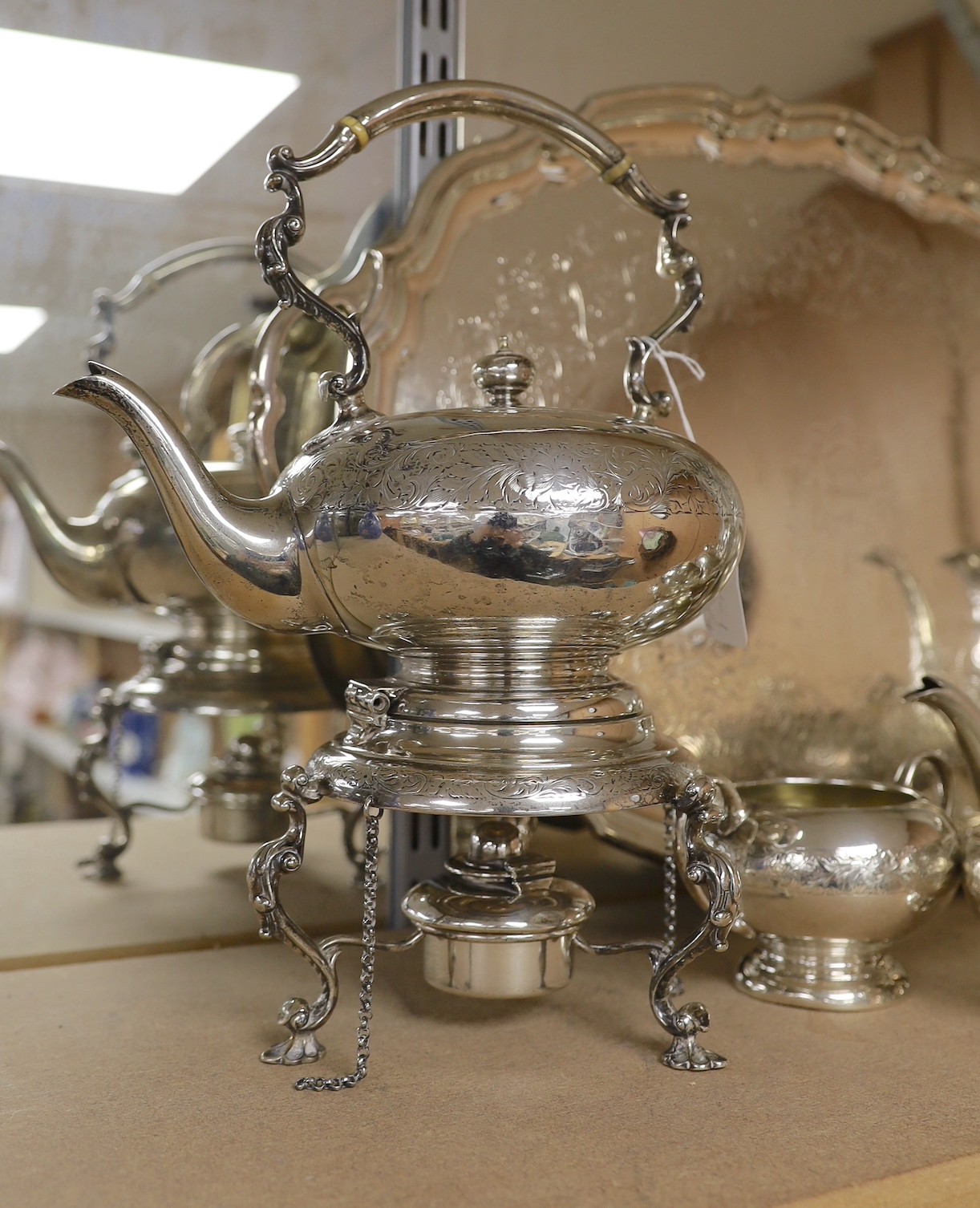 A 20th century Canadian Birks sterling seven piece tea and coffee service, comprising a tea tray, kettle on stand with burner, teapot, coffee pot, two sugar bowls and a cream jug, tea tray 64.7cm over handles